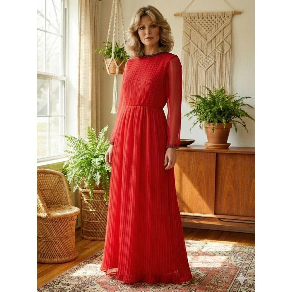 Vintage 70s Miss Elliette Rose Pink Chiffon Pleated Midi Dress Beaded Trim 6